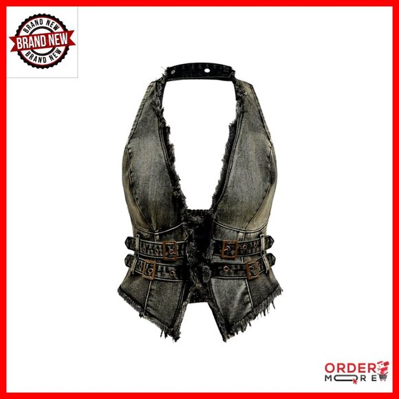 Tops - Denim Halter Top Frayed Edge Buckle Backless Punk Grunge Festival Crop
